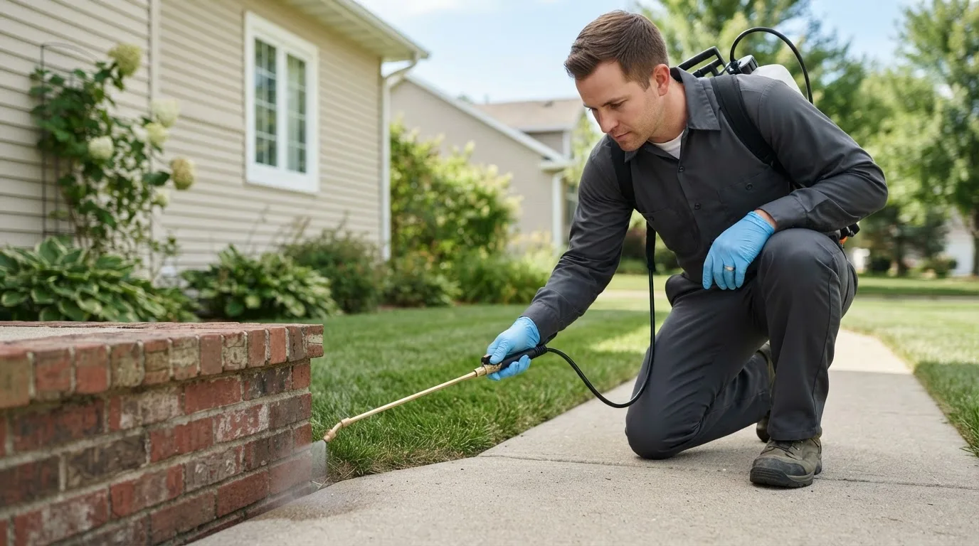 Pest control technician treating a home near Miles, IA